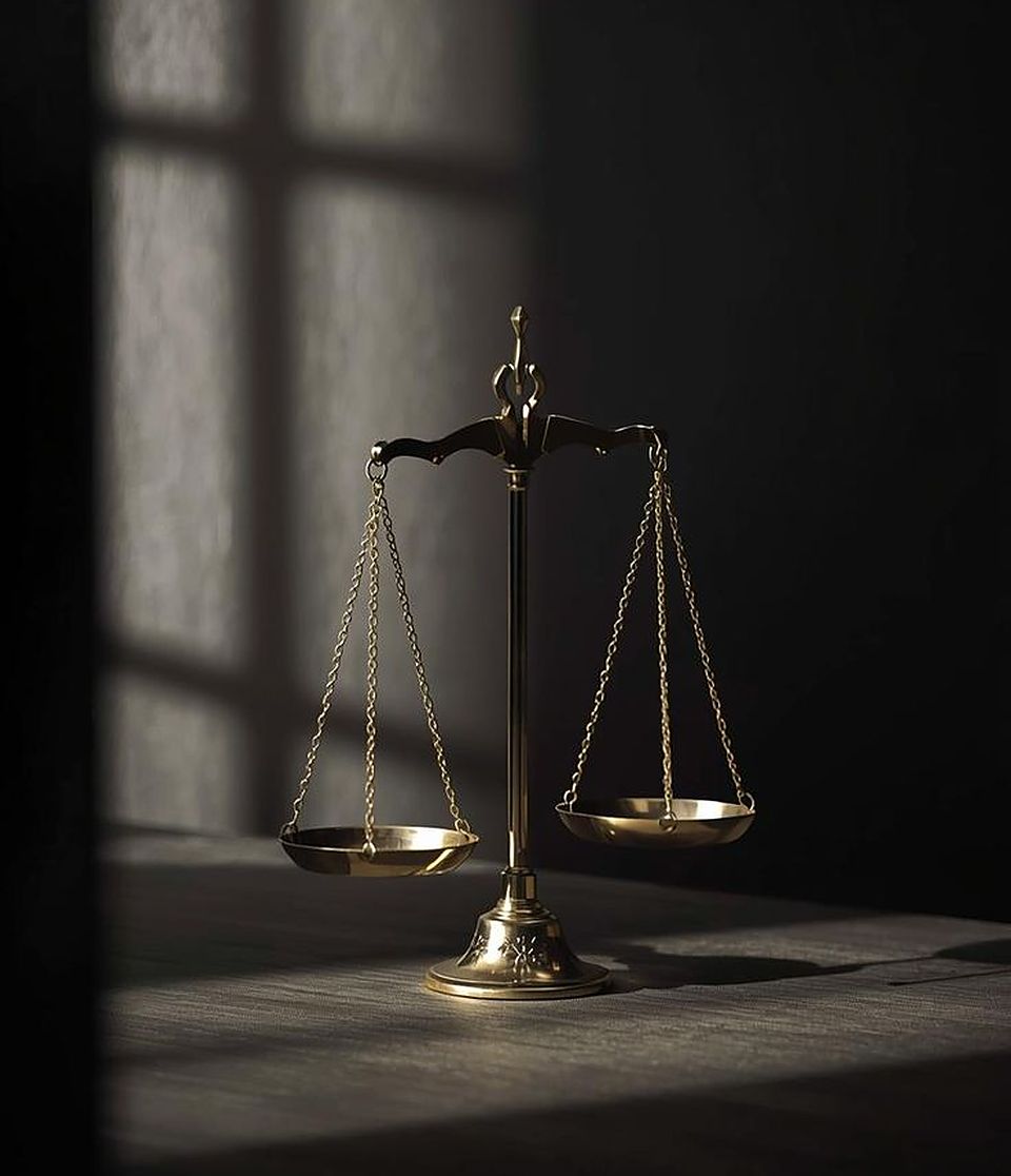 Brass scales of justice in window light